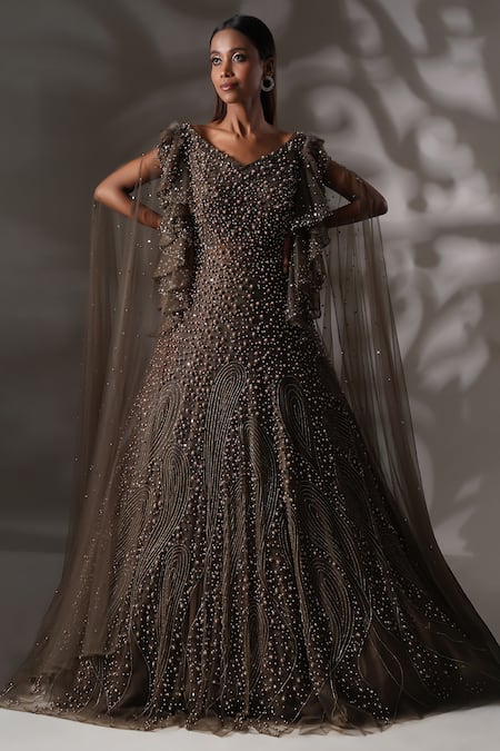 Grey Embroidered Cowl Sleeves Net Gown – Megha and Jigar