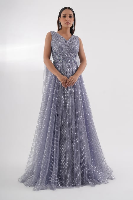 Chaashni By Maansi And Ketan_Blue Net Sequins, Beads V-neck And Cutdana Embroidered Gown _Online_at_Aza_Fashions