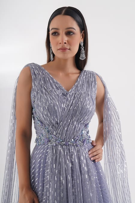 Buy_Chaashni By Maansi And Ketan_Blue Net Sequins, Beads V-neck And Cutdana Embroidered Gown _Online_at_Aza_Fashions