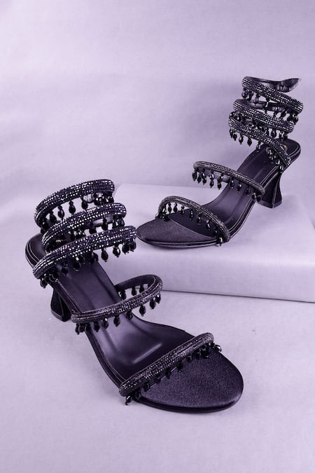 Sana K luxurious Footwear_Black Rhinestones Embellished Heels _Online_at_Aza_Fashions