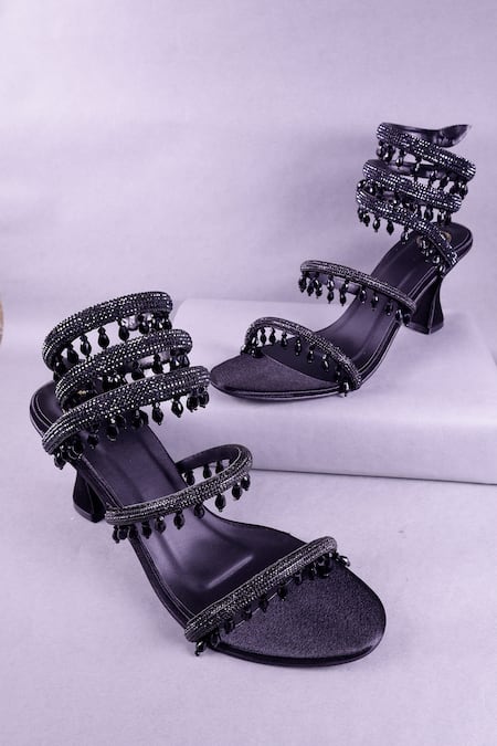 Buy_Sana K luxurious Footwear_Black Rhinestones Embellished Heels _Online_at_Aza_Fashions