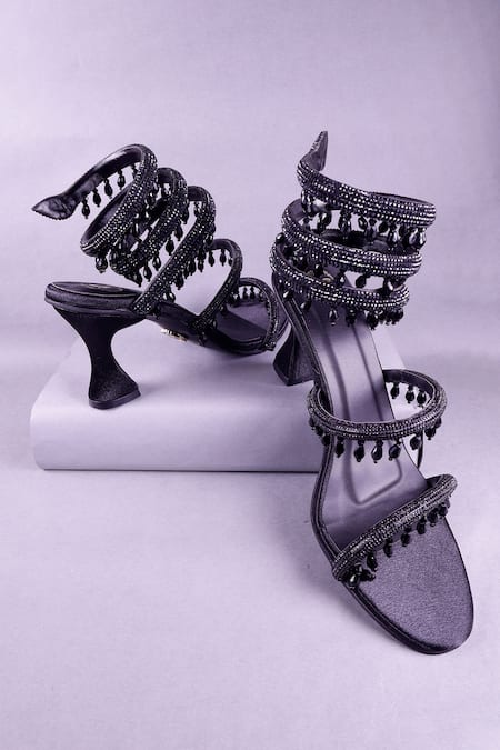 Shop_Sana K luxurious Footwear_Black Rhinestones Embellished Heels _Online_at_Aza_Fashions