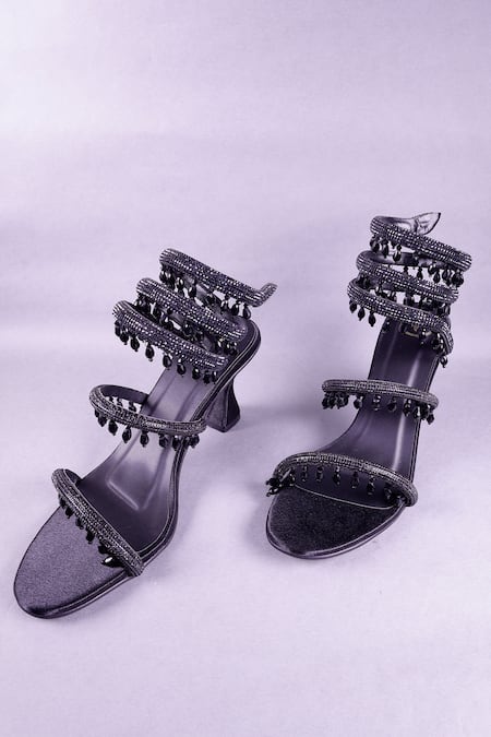 Sana K luxurious Footwear_Black Rhinestones Embellished Heels _at_Aza_Fashions