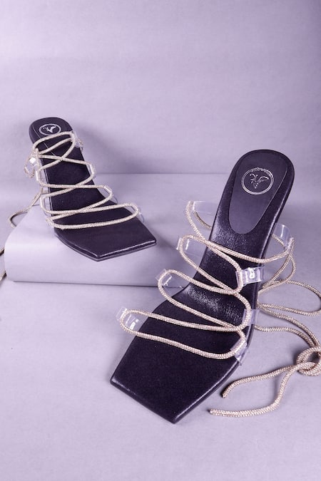 Shop_Sana K luxurious Footwear_Black Rhinestones Embellished Strap Heels _at_Aza_Fashions