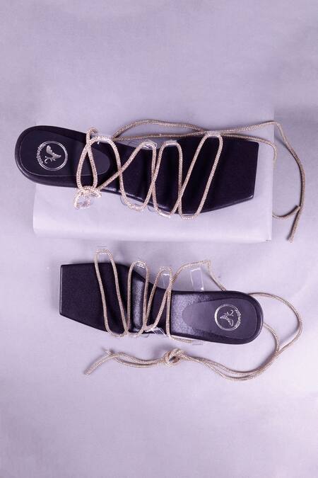 Shop_Sana K luxurious Footwear_Black Rhinestones Embellished Strap Heels _Online_at_Aza_Fashions