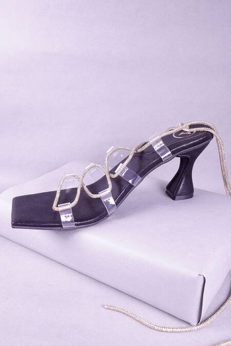 Sana K luxurious Footwear_Black Rhinestones Embellished Strap Heels _at_Aza_Fashions