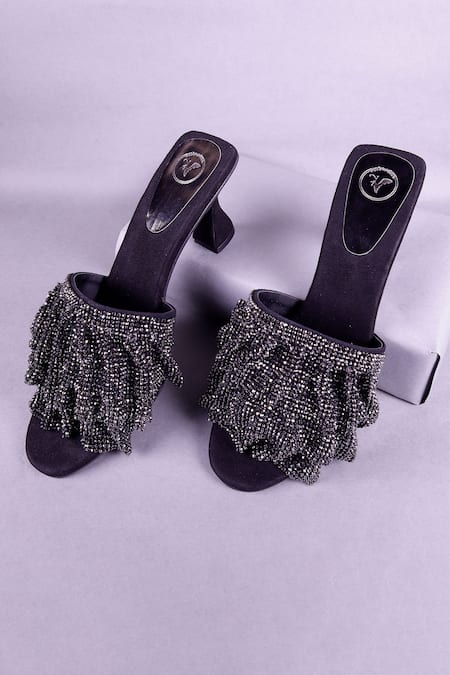 Sana K luxurious Footwear Black Rhinestones Embellished Mesh Strap Heels 