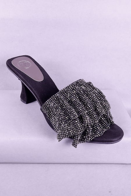 Sana K luxurious Footwear_Black Rhinestones Embellished Mesh Strap Heels _Online_at_Aza_Fashions