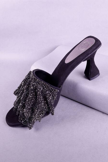 Buy_Sana K luxurious Footwear_Black Rhinestones Embellished Mesh Strap Heels _Online_at_Aza_Fashions