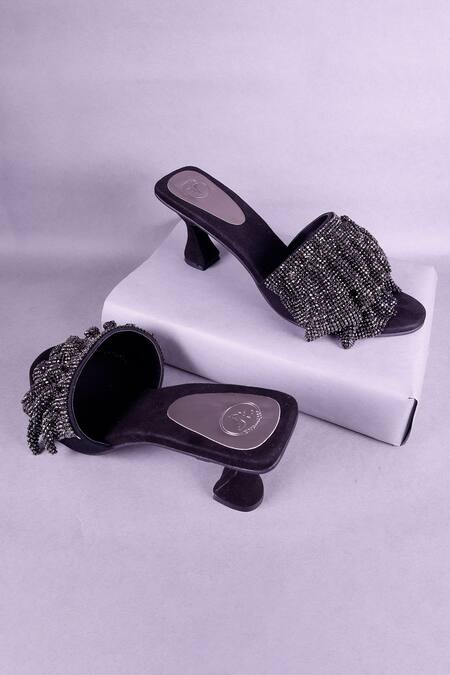 Shop_Sana K luxurious Footwear_Black Rhinestones Embellished Mesh Strap Heels _Online_at_Aza_Fashions