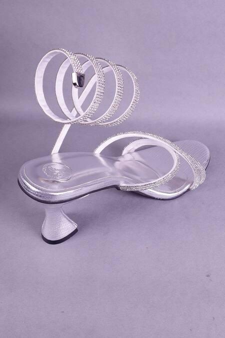 Sana K luxurious Footwear_Silver Rhinestones Embellished Criss Cross Strap Heels _Online_at_Aza_Fashions