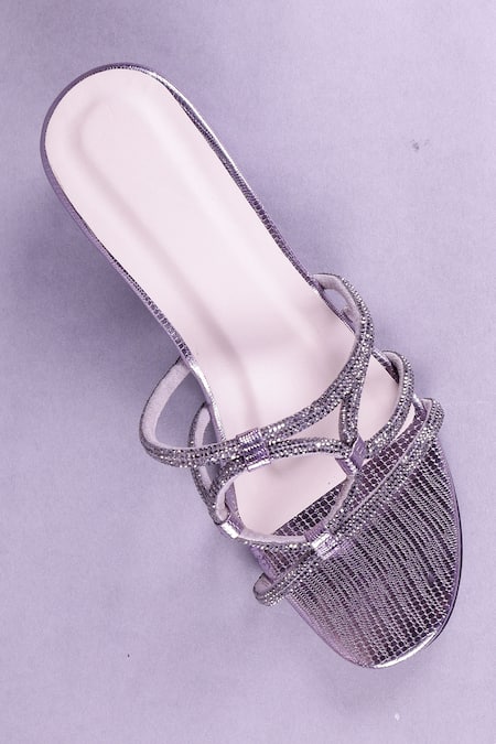 Shop_Sana K luxurious Footwear_Silver Rhinestones Embellished Cross Strap Heels _at_Aza_Fashions