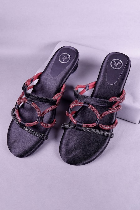 Sana K luxurious Footwear Black Rhinestones Embellished Double Strap Heels 