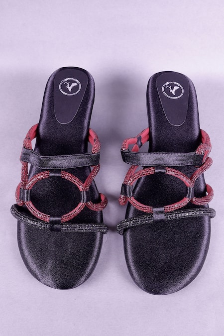 Shop_Sana K luxurious Footwear_Black Rhinestones Embellished Double Strap Heels _at_Aza_Fashions