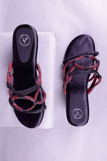 Sana K luxurious Footwear_Black Rhinestones Embellished Double Strap Heels _at_Aza_Fashions