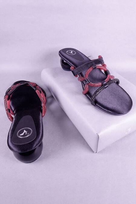 Buy_Sana K luxurious Footwear_Black Rhinestones Embellished Double Strap Heels 