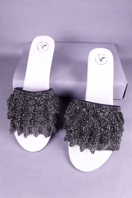 Shop_Sana K luxurious Footwear_Grey Rhinestones Mesh Embellished Strap Heels _at_Aza_Fashions