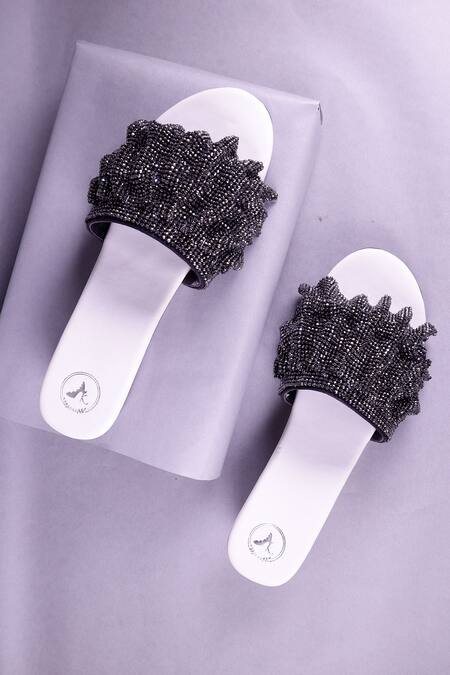 Sana K luxurious Footwear_Grey Rhinestones Mesh Embellished Strap Heels _Online_at_Aza_Fashions