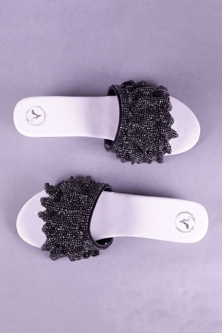 Buy_Sana K luxurious Footwear_Grey Rhinestones Mesh Embellished Strap Heels _Online_at_Aza_Fashions