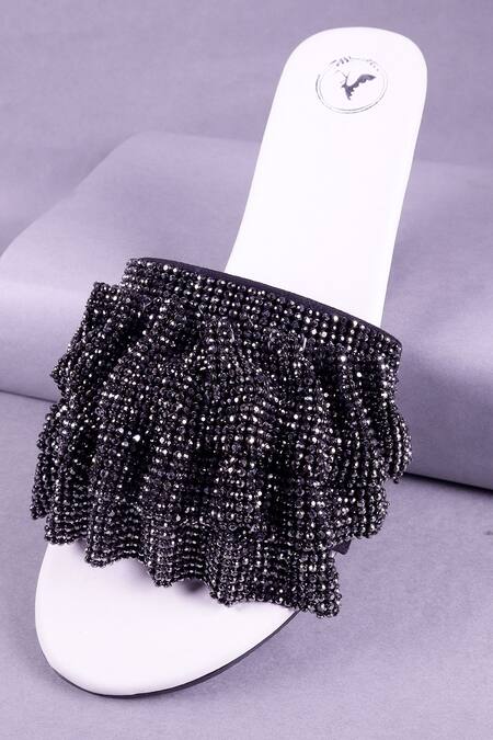 Shop_Sana K luxurious Footwear_Grey Rhinestones Mesh Embellished Strap Heels _Online_at_Aza_Fashions