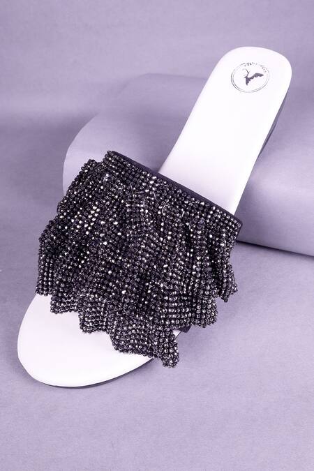 Sana K luxurious Footwear_Grey Rhinestones Mesh Embellished Strap Heels _at_Aza_Fashions