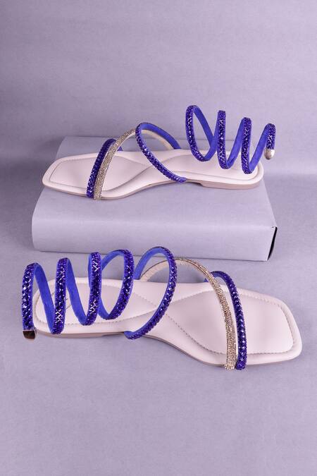 Sana K luxurious Footwear_Blue Rhinestone Embellished Wrap Flats _Online_at_Aza_Fashions
