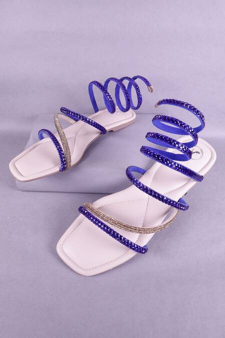 Buy_Sana K luxurious Footwear_Blue Rhinestone Embellished Wrap Flats _Online_at_Aza_Fashions