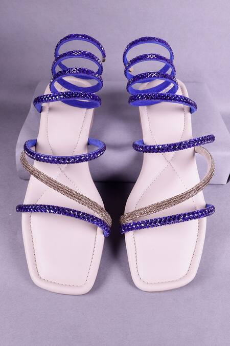 Shop_Sana K luxurious Footwear_Blue Rhinestone Embellished Wrap Flats _Online_at_Aza_Fashions