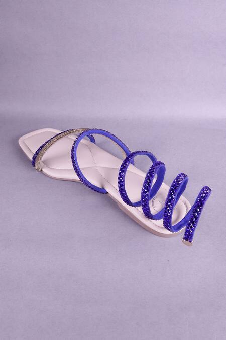 Sana K luxurious Footwear_Blue Rhinestone Embellished Wrap Flats _at_Aza_Fashions