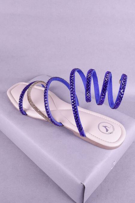 Buy_Sana K luxurious Footwear_Blue Rhinestone Embellished Wrap Flats 
