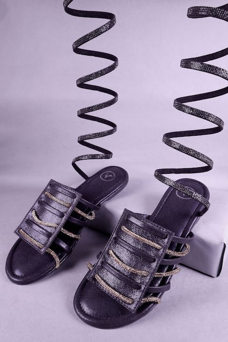 Sana K luxurious Footwear Black Embellished Ankle Wrap Strap Flats 