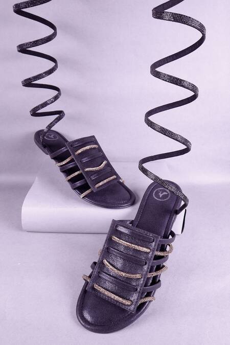 Sana K luxurious Footwear_Black Embellished Ankle Wrap Strap Flats _Online_at_Aza_Fashions