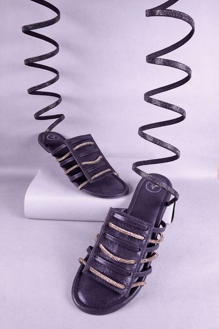 Buy_Sana K luxurious Footwear_Black Embellished Ankle Wrap Strap Flats _Online_at_Aza_Fashions