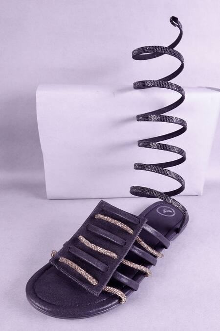 Shop_Sana K luxurious Footwear_Black Embellished Ankle Wrap Strap Flats _Online_at_Aza_Fashions