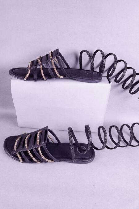 Sana K luxurious Footwear_Black Embellished Ankle Wrap Strap Flats _at_Aza_Fashions