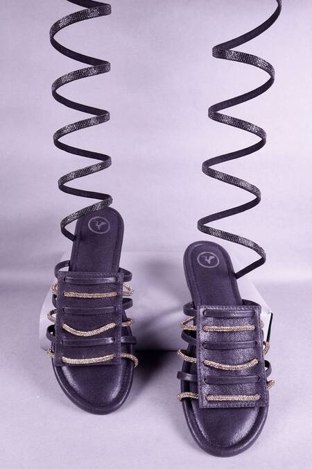 Buy_Sana K luxurious Footwear_Black Embellished Ankle Wrap Strap Flats 