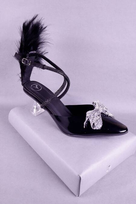 Sana K luxurious Footwear_Black Rhinestones, Bows Embellished Heels _Online_at_Aza_Fashions