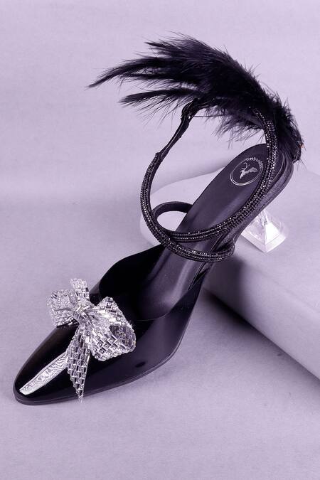 Shop_Sana K luxurious Footwear_Black Rhinestones, Bows Embellished Heels _Online_at_Aza_Fashions