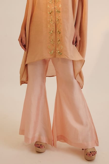 Sheela Suthar_Peach Silk, Tissue, Georgette Sequins, Floral Cutwork Tunic And Pant Set _Online_at_Aza_Fashions