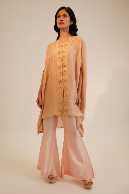 Buy_Sheela Suthar_Peach Silk, Tissue, Georgette Sequins, Floral Cutwork Tunic And Pant Set _Online_at_Aza_Fashions