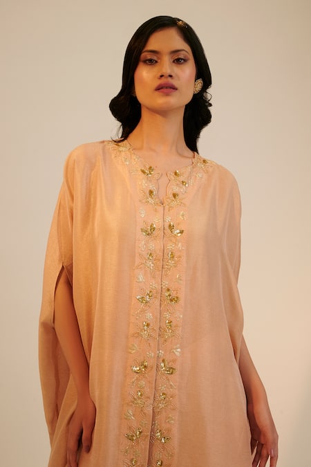 Sheela Suthar_Peach Silk, Tissue, Georgette Sequins, Floral Cutwork Tunic And Pant Set _at_Aza_Fashions
