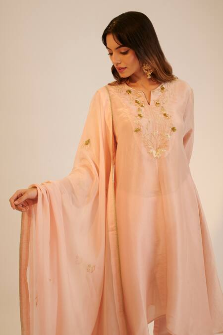 Sheela Suthar_Peach Silk, Organza, Tissue Sequins, Cut Embroidered Asymmetric Kurta Pant Set _Online_at_Aza_Fashions