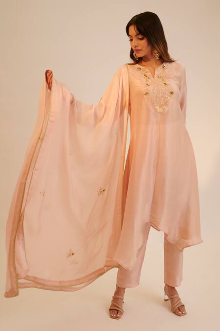 Shop_Sheela Suthar_Peach Silk, Organza, Tissue Sequins, Cut Embroidered Asymmetric Kurta Pant Set _Online_at_Aza_Fashions