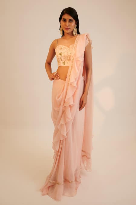 Sheela Suthar_Peach Silk, Organza Sequins, Cut Pre-draped Floral Embroidered Saree With Blouse _Online_at_Aza_Fashions