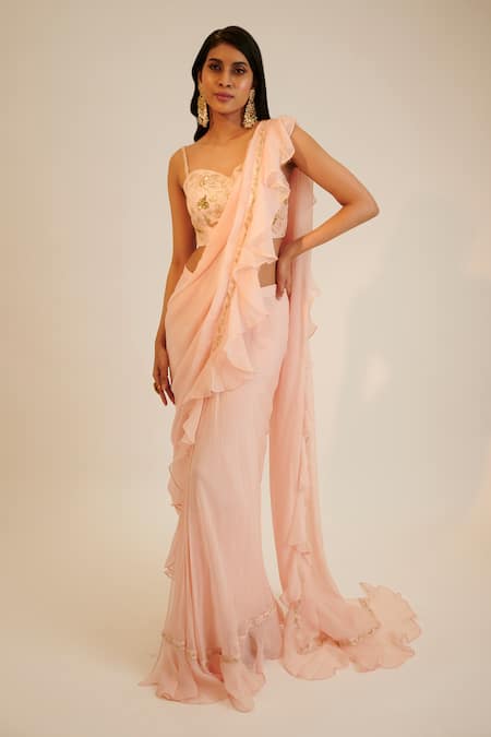 Shop_Sheela Suthar_Peach Silk, Organza Sequins, Cut Pre-draped Floral Embroidered Saree With Blouse _Online_at_Aza_Fashions