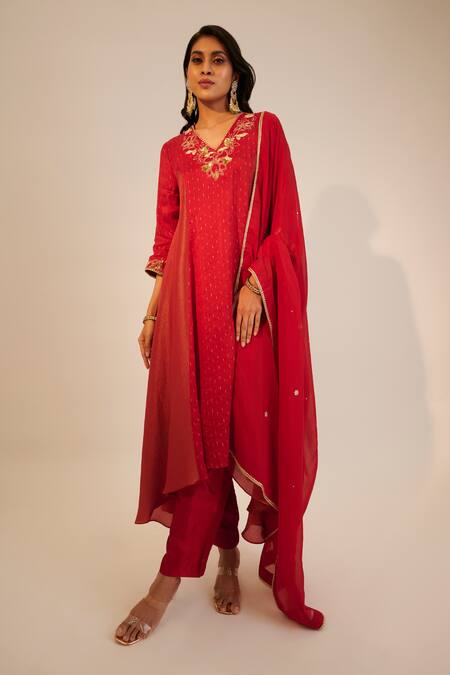 Buy Sheela Suthar Red Silk, Organza Sequins, Embroidery V-neck Floral Asymmetric Kurta And Pant Set Online at Aza Fashions Buy_Sheela Suthar_Red Silk, Organza Sequins, Embroidery V-neck Floral Asymmetric Kurta And Pant Set _Online_at_Aza_Fashions