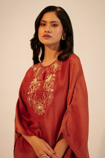 Sheela Suthar Red Silk, Tissue, Georgette Sequins, Embroidery Floral Kaftan Kurta And Pant Set Online at Aza Fashions Sheela Suthar_Red Silk, Tissue, Georgette Sequins, Embroidery Floral Kaftan Kurta And Pant Set _Online_at_Aza_Fashions