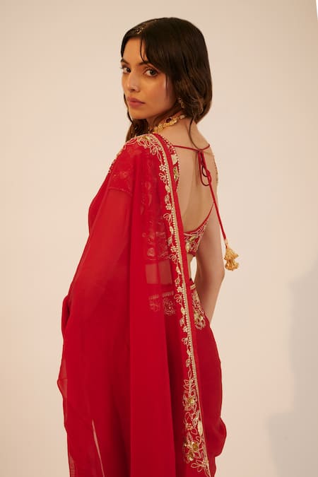 Shop Sheela Suthar Red Silk, Tissue, Georgette Sequins, Embroidery Scoop Floral Saree With Blouse at Aza Fashions Shop_Sheela Suthar_Red Silk, Tissue, Georgette Sequins, Embroidery Scoop Floral Saree With Blouse _at_Aza_Fashions