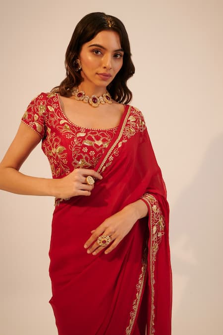 Sheela Suthar Red Silk, Tissue, Georgette Sequins, Embroidery Scoop Floral Saree With Blouse Online at Aza Fashions Sheela Suthar_Red Silk, Tissue, Georgette Sequins, Embroidery Scoop Floral Saree With Blouse _Online_at_Aza_Fashions