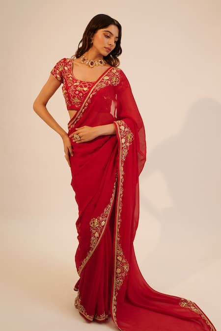 Buy Sheela Suthar Red Silk, Tissue, Georgette Sequins, Embroidery Scoop Floral Saree With Blouse Online at Aza Fashions Buy_Sheela Suthar_Red Silk, Tissue, Georgette Sequins, Embroidery Scoop Floral Saree With Blouse _Online_at_Aza_Fashions